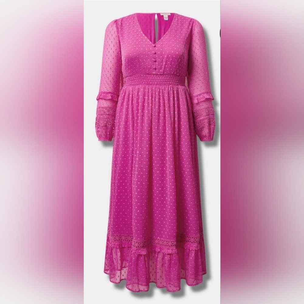 NWT Torrid Festi Chiffon Clip Dot Ruffle Sleeve Maxi Dress NEW